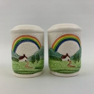 Vintage Otagiri Country Rainbow Salt & Pepper Shaker Set Texture Dots